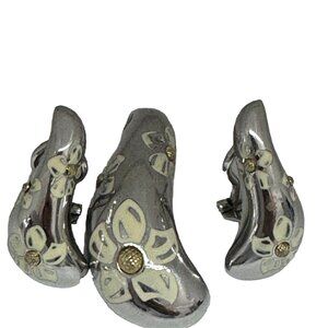 Vintage 925 ESC Sterling Silver Earrings Pendant Set Tear Drop Enamel Flower